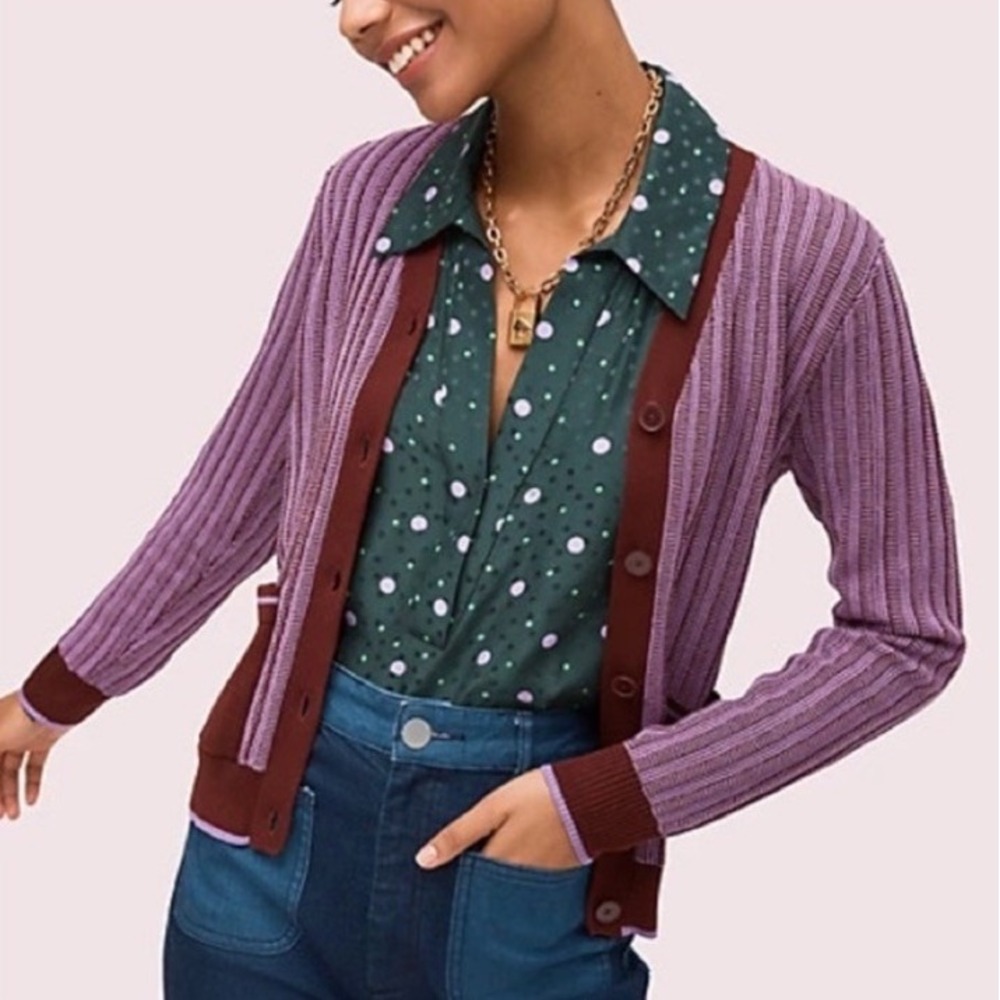 Kate Spade New York Purple Burgundy Ribbed Cotton Cardigan Sweater New Womens XS
